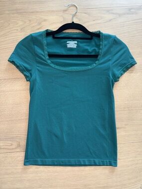 Wild fable Teal Lace-Trim Round Neck Short Sleeve Top - M